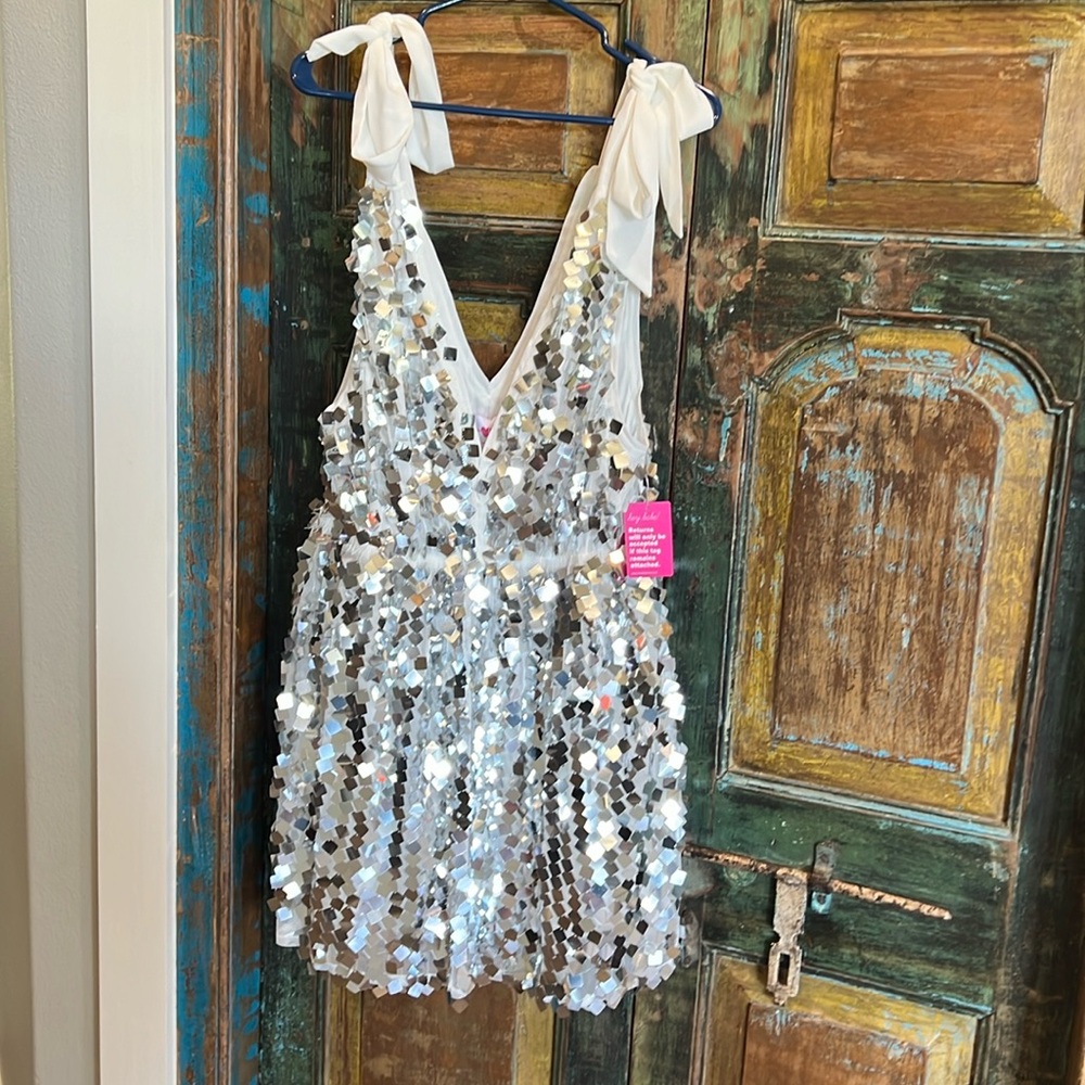 Buddy Love Silver Sequin Tie-Shoulder Mini Dress